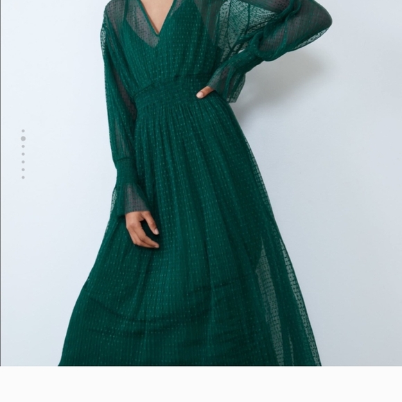Zara Green Long Sleeve Dress Weddings Slip Sheer Midi Gorgeous Deep Green Small - Picture 6 of 16